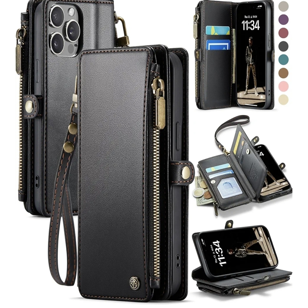 iPhone 15 Pro Max Black Leather Wallet Phone Case